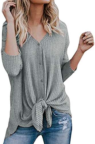 Amylovern Womens Henley Tops Long Sleeve Waffle Knit Tunic Blouse Tie Knot Shirts
