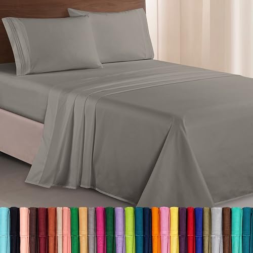Elegant Comfort Luxurious 1500 Premium Hotel Quality Microfiber Three Line Embroidered Softest 4-Piece Bed Sheet Set, Wrinkle and Fade Resistant, Full, Gray
