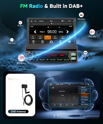 Podofo DAB+ 1 DIN Bluetooth Car Radio with CarPlay & Android Car Wireless with Motorized Retractable Screen 7 Inch Touchscreen, Mirror Link FM USB Type-C AUX Microphone Backup Camera