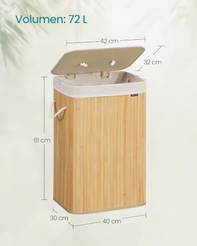 Cesto de la Ropa Sucia con Tapa, 72 L, Cesta de Lavandería de Bambú, Plegable, con Bolsa Lavable Extraíble, Asas, para Lavandería, Dormitorio, Natural LCB10Y