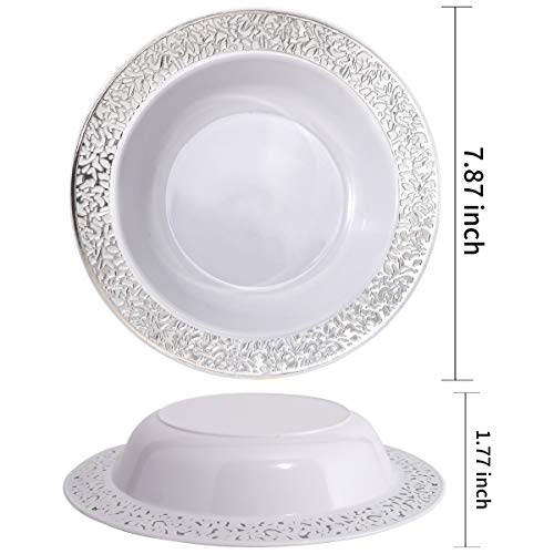 I00000 60 Plastic Soup Bowls 12 oz, Silver Disposable Bowls, Lace Trim