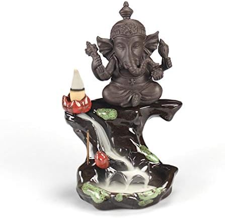 LLFS Incense Holder Ceramics Backflow Incense Burner Cone Incense Burner Backflow Smoke Holder (Ganesha with Lotus Leaf)