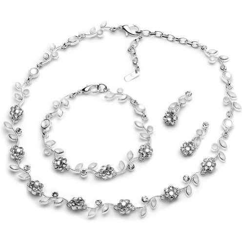 USABride Silver Plated Floral Jewelry Vine 3-Piece Necklace, Earrings & Bracelet Jewelry Set 1556 SV