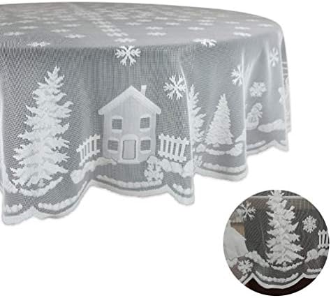 Christmas Lace Tablecloth, 178cm/70 inch White Round Table Cover, Durable Hollow Table Cloth with Snowflake, House Pattern for Cafes, Dining Table Decor