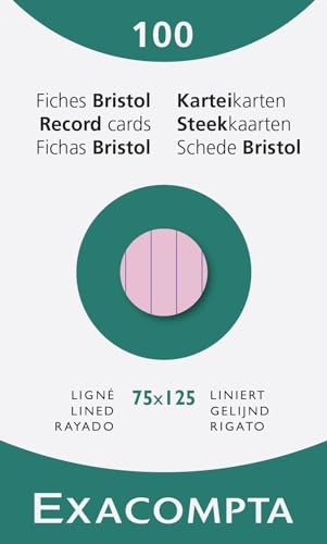 Exacompta - Ref 13831X - Bristol Linierte Karteikarten, 75 x 125 mm, 205 g/m², kompatibel mit Druckern, geeignet für Prüfungsüberarbeitung und Notizen, Rosa