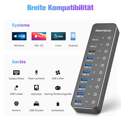 USB Powered Hub, RSHTECH 10 Ports USB 3.2/C Hub with Type-A 3.2, 2X Type-C 3.2 10Gbps Data Port, 7X Type-A 3.0 Ports and 12V/5A 60W Power Supply, Individual Touch Switches USB Hub, RSH-ST10C