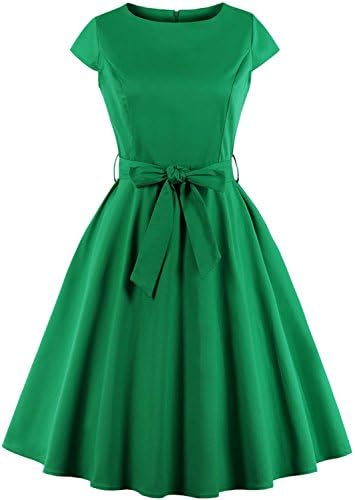 ANCHOVY Womens Retro 1950s Short Sleeve Midi Rockabilly Prom Cocktail Swing Dress with Sash c73 (Green, L)
