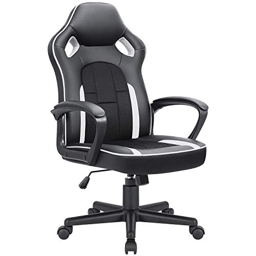 JUMMICO Gaming Chair Ergonomic Executive Office Desk Chair High Back Leather Swivel Computer Racing Chair with Lumbar Support (White)