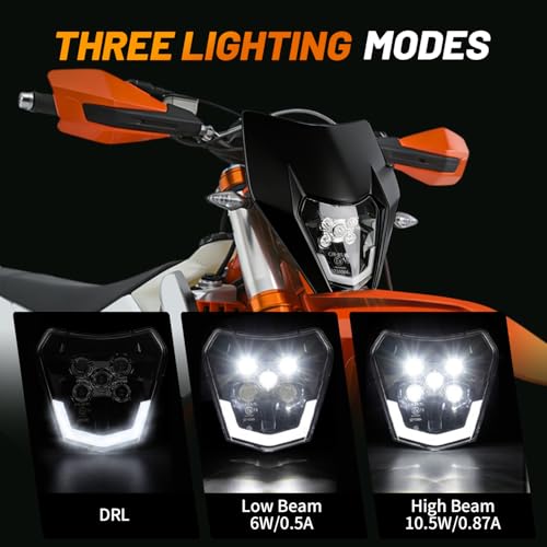 JFG RACING Universal Motorcycle LED Headlight for KTM EXC125 EXC250 SX250 SXF250 SXF250 EXC450 SX350 SXF450 EXC525 640LC4 Dirt Bike Enduro Supermoto Beta Derbi 50cc - Black