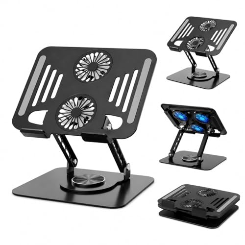 Suporte para Notebook de até 17” em Aço Carbono, Ajustável, Dobrável, Base Giratória 360° e Ventilação 2 coolers, Ergonômico e Portátil para Home Office e escritório, também para tablets e celulares