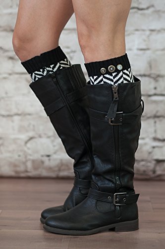 Chevron Leg Warmers Womens Knit with 3 Buttons By Modern Boho (Black)