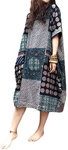 KIMODO Women Cotton Linen Loose 3/4 Sleeve Pocket Long Bohe Dress Floral Kaftan