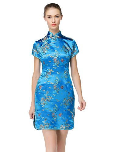 Bitablue Womens Peacock Blue Chinese Dragon and Phoenix Knee-length Qipao