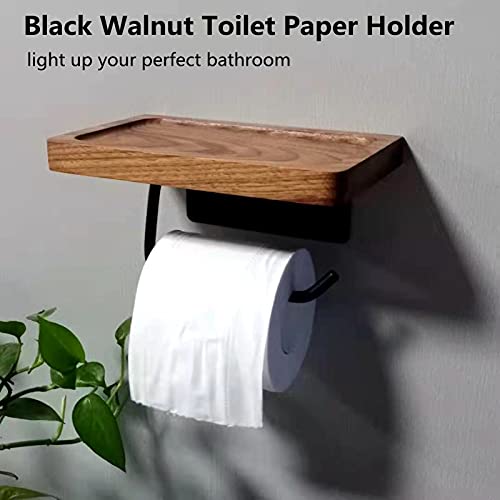 Toilet Paper Holder with Black Walnut Wooden Shelf for Bathroom, Wall