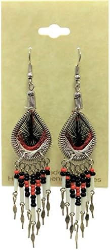 Peruvian Earrings - Dream Catchers Tear Drop Dangle Large Hand Crafted 2 3/4" x 3/4" (White Red Black)