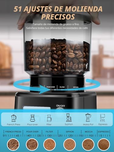 Homtone Electric Coffee Grinder with Conical Grinder - Coffee Mill with 51 Grinding Levels, Removable Holder, Container Included - For Espresso, Filter Coffee, Cold Brew (Nero)