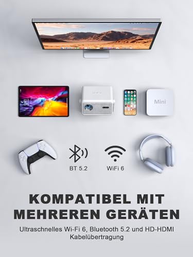 Smart Mini Beamer 4k [Offiziell Lizenzierter APP ] VISSPL 3200ANSI 4K Heimkino & Outdoor Beamer, Autofokus/Trapezkorrektur, WiFi6 Bluetooth Full HD 1080P Video Projektor für Handy/PC