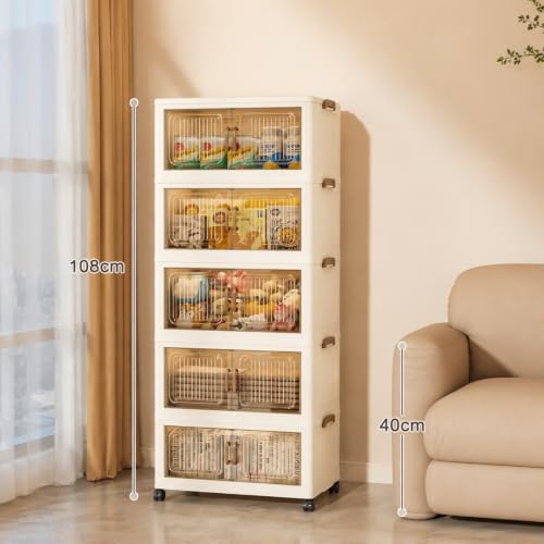 Cestbella Stackable Storage Bins with Lids, 5 Tier Storage Cabinet with Wheels Dual Opening Storage Box, Collapsible Closet Organizer Foldable Clothes Snacks Toys Book Container Case 42x26x108cm