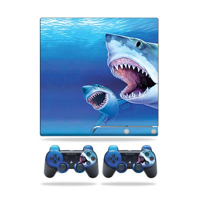Skin Compatible with Sony PlayStation 3 PS3 Slim + 2 Controllers – Great Whites…