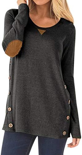Dutebare Women's Casual Long Sleeve Elbow Patch Tunic Shirt Loose Pullover Button Blouses Tops