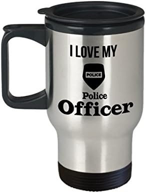 I love my police officer. 14 Ounce Silver Stainless Steel Travel Coffee Mug with Handle. Tumbler gifts for Police.