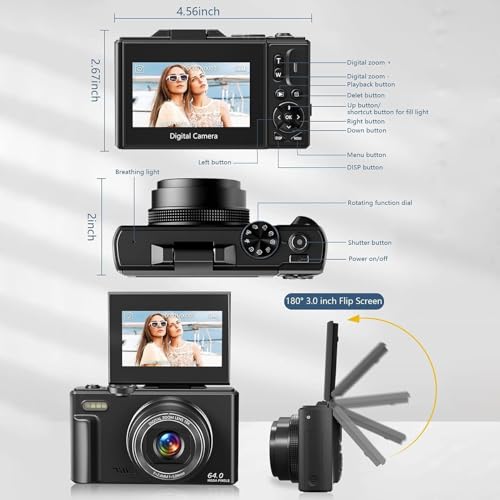 5K Digital Camera, WiFi 75MP Digital Point and Shoot Camera with 18X Zoom Anti Shake, 3" 180°Flip Screen Compact Travel Camera with Flash for Adult Beginner (2 Batteries+ 32GB SD Card) (Black)
