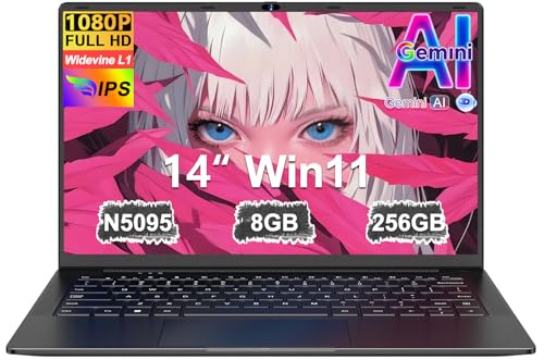 Win11 14 Inch Laptop Notebook Celeron N5095 Upto 2.9 GHz Laptop 8GB RAM 256GB SSD TF 1TB LPDDR4 5G WiFi 1920*1080 FHD USB 3.0 Laptop QWERTY Italian Film Keyboard – Black Metal Body