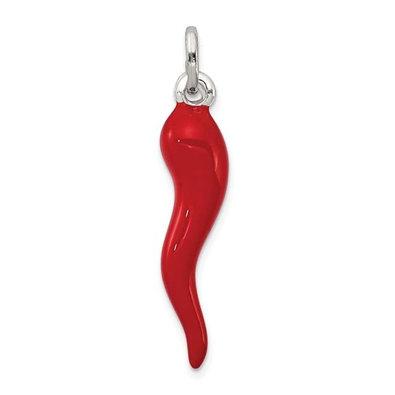 Solid 925 Sterling Silver Red Enamel Italian Horn Chilli