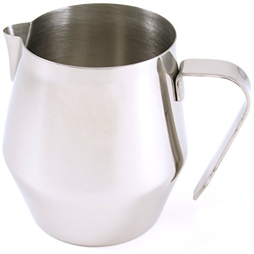 The Rsvp Stainless Steel 10oz. Steaming Frothing Pitcher features a tapered spout that allows for precise, controlled pouring. This is especially important when creating latte art, where the details matter. The pitcher has a broad, sturdy handle that provides a comfortable and secure grip, even when the pitcher is full.