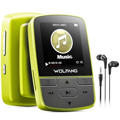 WOLFANG Bluetooth 5.2 MP3 Player, Sports Clip, Mini Size, 1 oz, FM HiF Radio, Voice Recorder, Earphones Included, Fluorescent Green