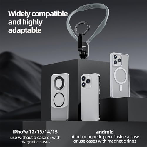 TELESIN Magnetic Selfie Neck Phone Holder, POV/VLOG Magnetic Mobile Phone Necklace for Magsafe Neck Phone Holder for iPhone 17 16 15 14 13 PRO 12 Max Android (Gray)