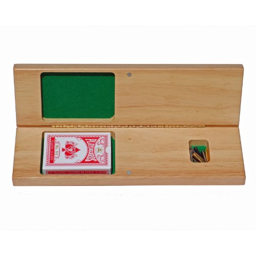 WE Games Cabinet Cribbage Set - Solid Wood Continuous 3 Track Board with Easy Grip Pegs, Cards and Storage Area