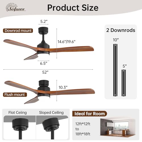Sofucor 132cm Ventilador de Techo con Luz, Madera maciza Ventilador de Techo con Mando a Distancia, DC, 3 Temperaturas de Color, Temporizador, 6 Velocidades, Modo Verano Invierno para Salones