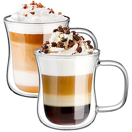 ecooe Set of 2 Double Walled Coffee Cups for Latte Macchiato - Borosilicate Glass, 2 Pack, 240 ml, with Handle for Cappuccino, Tea, Ice, Milk, Beer