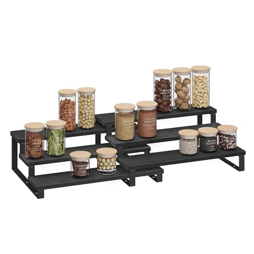SONGMICS Étagère à Épices, Lot de 2, Étagère de Rangement, Porte-épices Extensible à 3 Niveaux, Bois d’Ingénierie, Empilable, pour Placard, Cabinet, Comptoir, Noir Boisé et Noir d'Encre KCS116B01