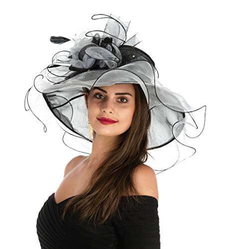 Women's Organza Church Kentucky Derby British Fascinator Bridal Tea Party Wedding Hat Summer Ruffles Cap Detachable as Fascinator(F1-White Black Flower)