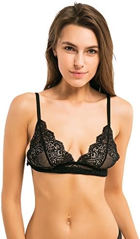 RICHKOKO Women Wide Deep V Neck Ultrathin Push Up Jacquard Lace Spaghetti Strap Bras(XL,Black)
