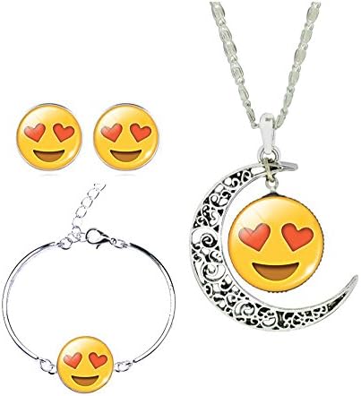 Regreat Funny Glass Crescent Hollow Necklace &amp; Emoji Stud Earrings &amp; Charm Bracelet Emoji Jewelry Sets (Double love)