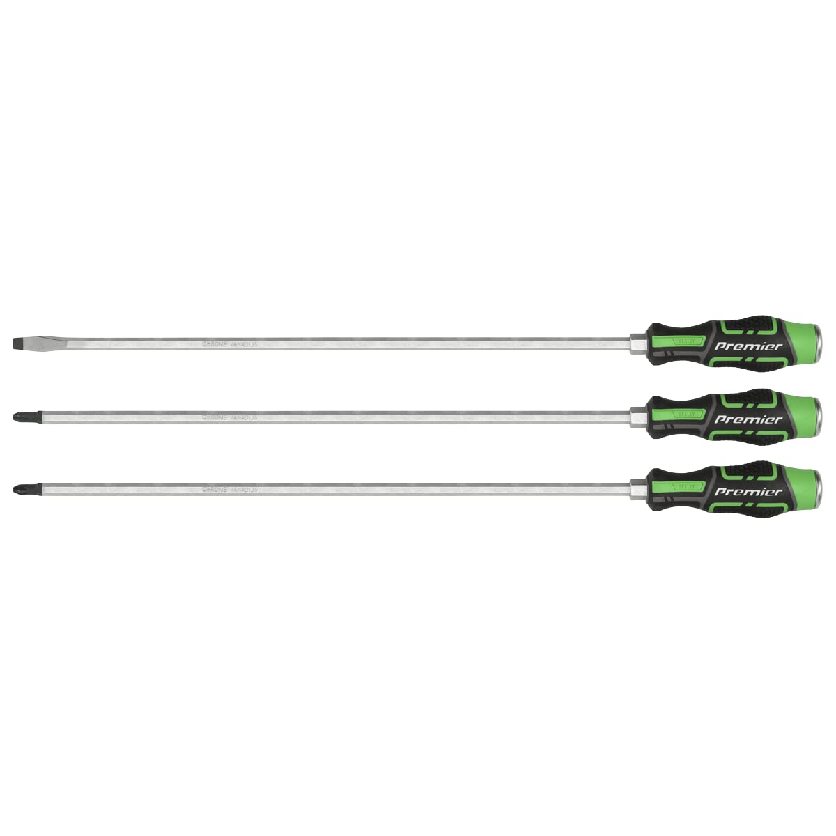 Sealey Extra-Long Hammer-Thru Screwdriver Set Hi-Vis Green 450mm, 3pc - AK4942HV