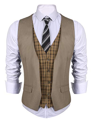 COOFANDY Men's Dress Suit layered Vest V Neck Plaid Patchwork Wedding Waistcoat,Khaki,Large