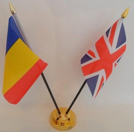 Romania Romanian Union Jack 2 Flag Friendship Table Display With Gold Base