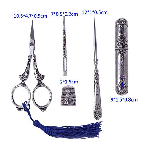 Tulas Sewing Scissors Set Vintage Embroidery Tool Alloy Awl Threader Thimble Needle Case Kit