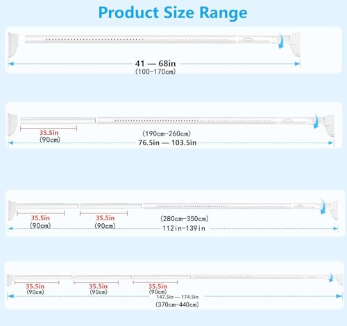 Dsocool Tension Curtain Rods No Drilling, Extra Long Tension Rod 100-440cm, Heavy Duty Shower Curtain Rod for Outdoor Patio Bathroom Windows Room Divider, Adjustable, Anti-Slip, No Rust