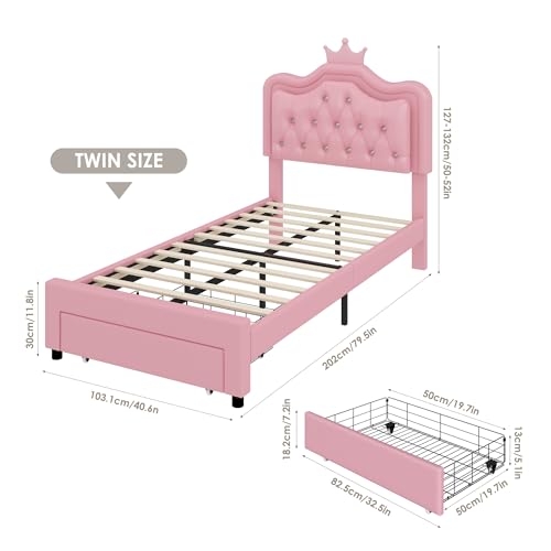 Keyluv Twin Upholstered LED Bed Frame with Storage Drawer, Leather Princess Platform Bed with Adjustable Crystal Button Tufted Crown Headboard, Solid Wooden Slats Support, No Box Spring Needed, Pink