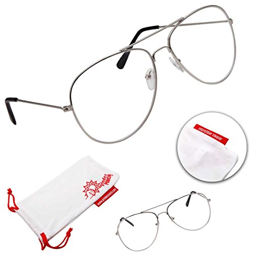 grinderPUNCH Aviator Clear Lens Eyeglasses for Fashion Glasses with Non-Prescription UV Protection Metal Frame Silver