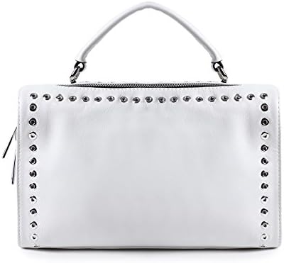Genuine Leather Handbags for Women Cool Rivet Shoulder Satchel Hand Barrel Purse White