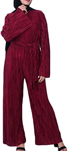 Fllay Women's Wide Leg Basic Muslim Abaya Belted Pleated Romper Jumpsuits