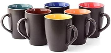 Saavre Hand Made Black Outside Multi-Coloured Inside Matt Finish Ceramic Mugs, Big (Set of 6 Pcs.)