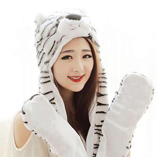 Womens Girls Plush Faux Fur Hat 3 in 1 Cute Cartoon Animal Soft Furry Fluffy Winter Hat Cap Warm Earflap Scarf Mitten Gloves Party Cosplay Christmas Costume Stuffed Toy Hood Cap