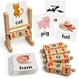 Coogam Wooden Reading Blocks Short Vowel Rods Spelling Games, Flash Cards Turning Rotating Letter Puzzle for Kids, Sight Word